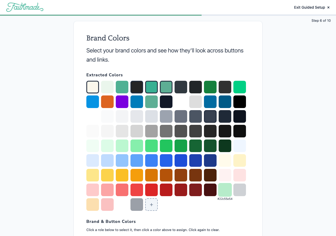 Brand Colors step showing a large grid of colors extracted from the scanned website