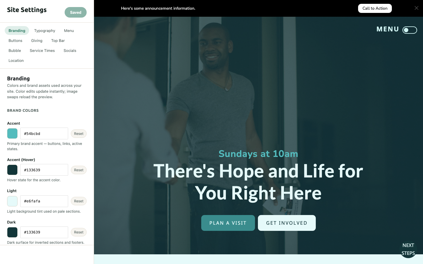 Site Settings open to the Branding tab, with the live preview of the homepage on the right