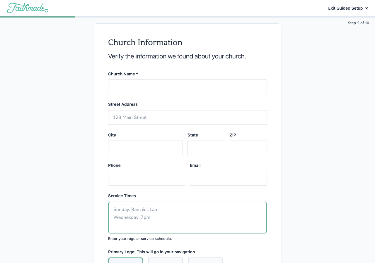 Church Information review step with editable fields for name, address, service times, and logo