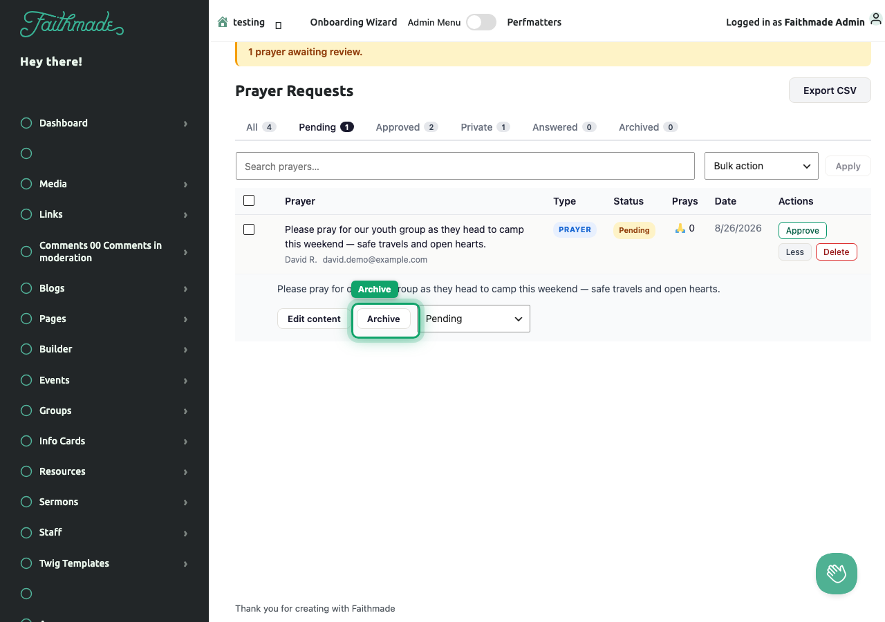 Expanded prayer request row showing Edit content, Archive, and Change status actions