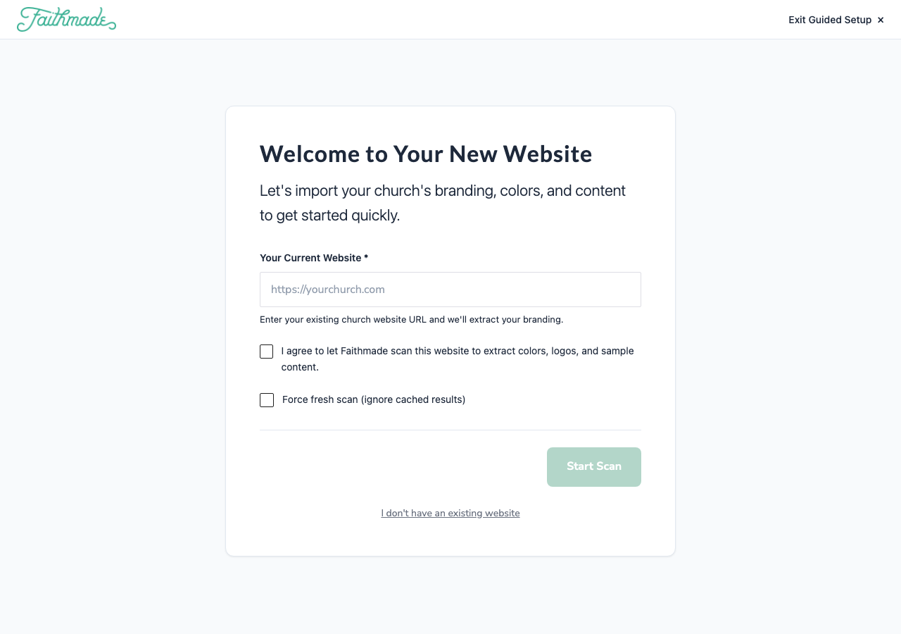 Import Your Website step with a URL field and scan consent checkbox