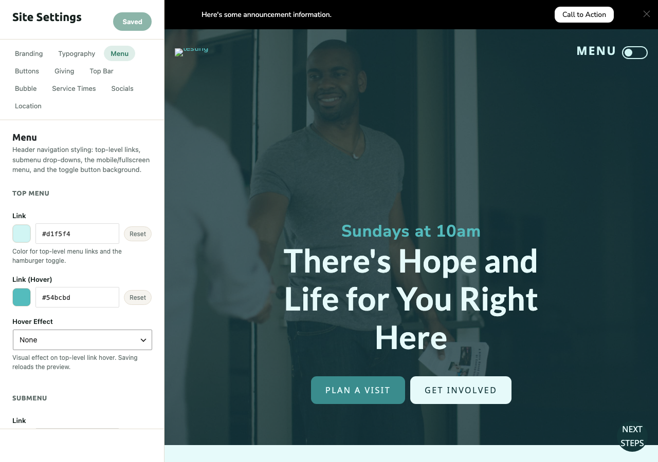 Menu tab with header navigation color controls