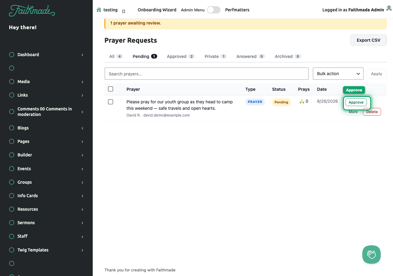 Prayer Requests queue with a pending request and the Approve button highlighted