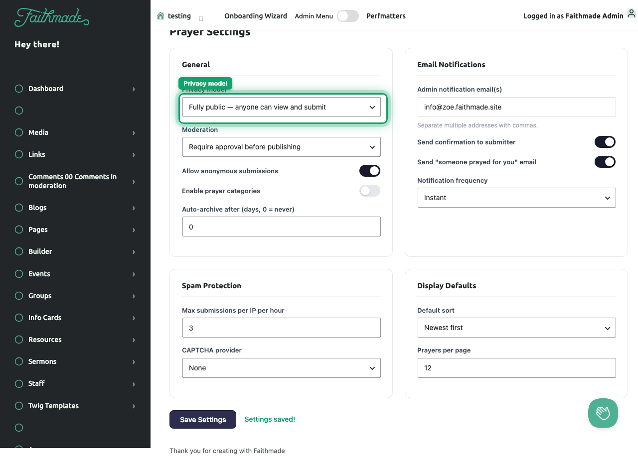 Prayer Settings page with the Privacy model dropdown highlighted