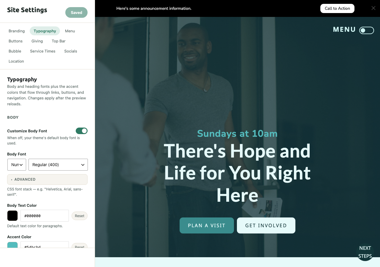 Typography tab with font and color controls