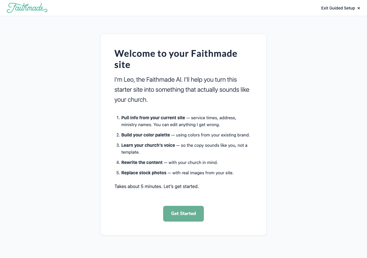 Welcome screen introducing Leo, the Faithmade AI, and the 5 steps it will walk through
